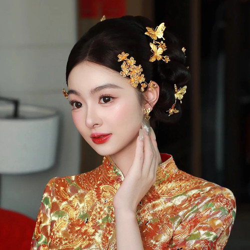 水舞U2311新中式婚礼新娘头饰金色结婚宫廷大气簪子蝴蝶发簪配饰