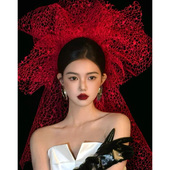 水舞B2867红色时尚 气质新娘网红发饰网格纱长款 手工百搭头饰