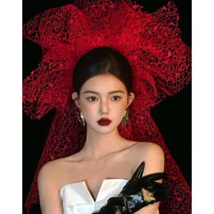 水舞B2867红色时尚气质新娘网红发饰网格纱长款手工百搭头饰