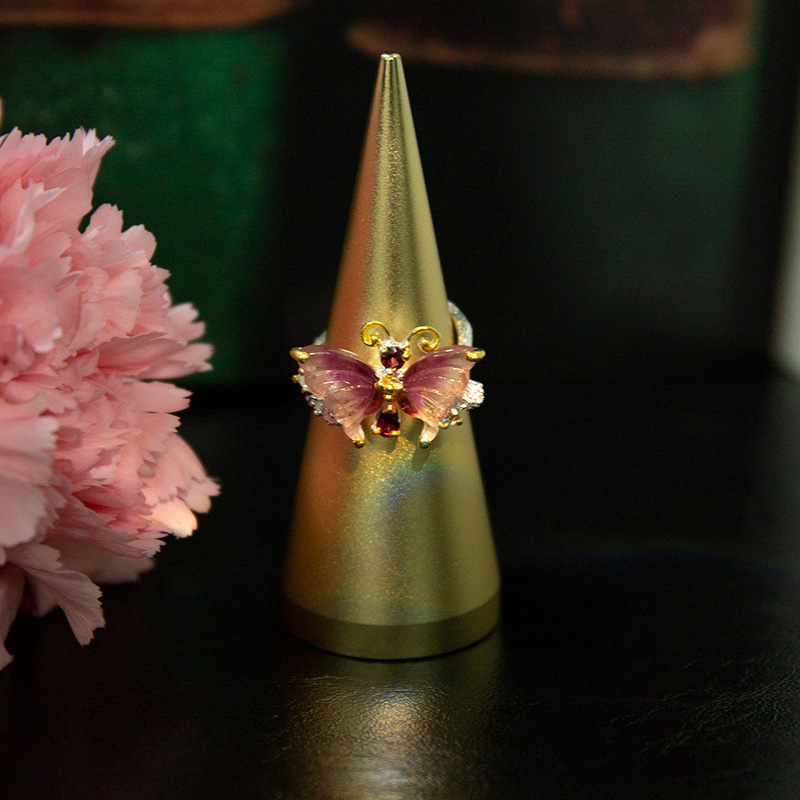 水舞 L1366天然碧玺戒指女款s925银镶嵌蝴蝶精致百搭时尚个性礼物