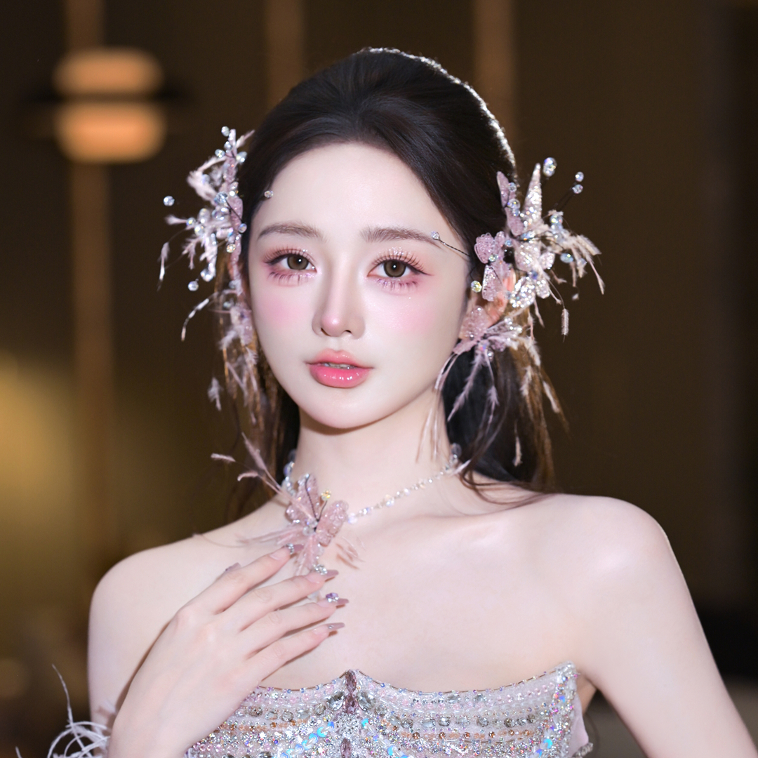 水舞A5282甜美粉色水晶串珠蝴蝶新娘发饰颈链婚纱礼服跟妆配饰