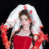 水舞R0473新娘结婚红色花边头纱高级感婚纱领证拍照氛围感头饰品