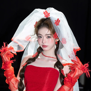 水舞R0473新娘结婚红色花边头纱高级感婚纱领证拍照氛围感头饰品