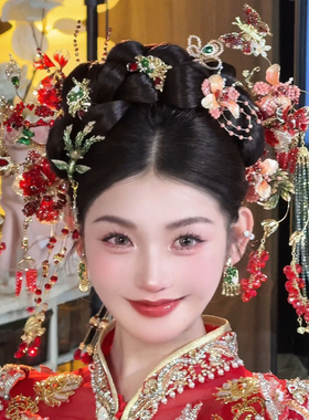 水舞U2273中式大气复古发钗簪子套装红色结婚奢华婚礼新娘头饰