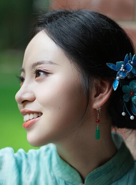 水舞U2569汉服缠花蓝色花朵发夹头饰古风手工百搭超仙写真发饰品