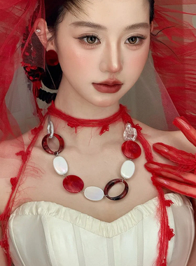 水舞D1208新娘新款红色夸张时尚个性装饰项链配饰小众毛衣链