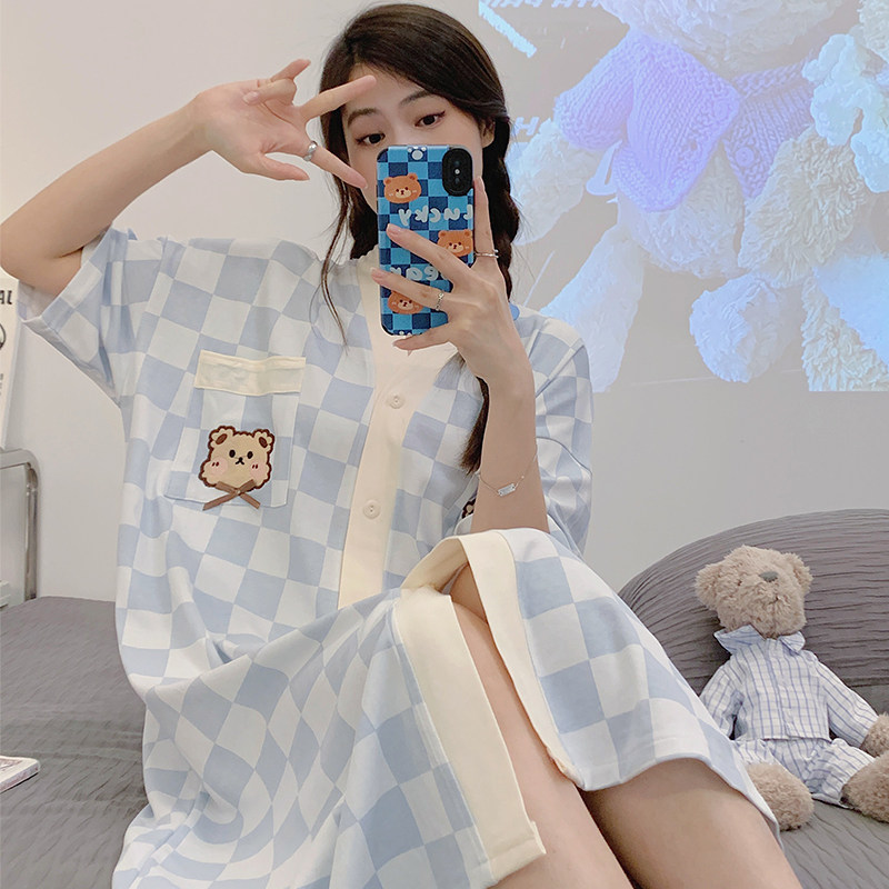 开衫纯棉睡裙夏季女款短袖大码孕妇睡衣女夏天长款待产家居服春秋