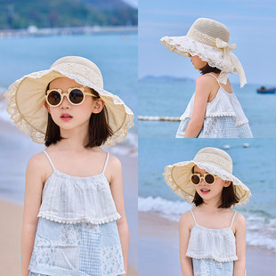 儿童防晒帽2026新款夏天女孩海边沙滩遮阳防紫外线大帽檐拉菲草帽