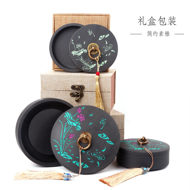 高档精品歙砚铜工艺带盖砚台墨海原石文房四宝天然砚台端砚罗纹砚文房磨墨盘大容量墨汁墨海砚台毛笔书法用品