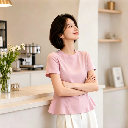 26夏季新款荷叶边圆领短袖T恤女减龄显瘦百搭设计感上衣果冻棉