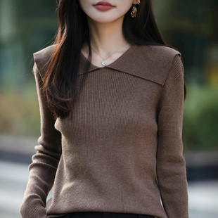 百搭毛衫 女小众洋气范海军领长袖 设计感时髦大翻领气质打底衫 法式