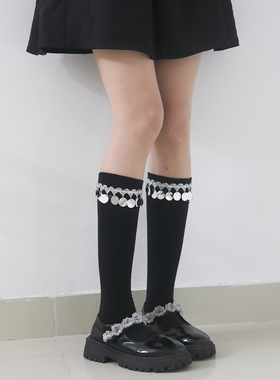 秋季新品小腿袜女日系百搭灰色及膝袜圆形亮片显瘦堆堆袜长筒袜