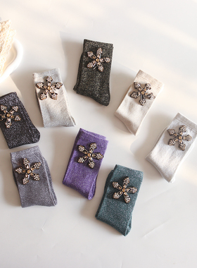 纯色中筒袜配小皮鞋深灰色堆堆袜女春秋五角星水钻串珠乐福鞋袜子