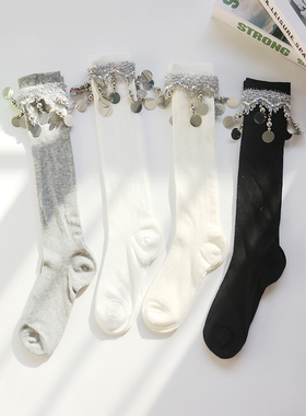 灰色小腿袜子女夏季薄款长筒袜圆形亮片棉性感显瘦女珍珠流苏袜子