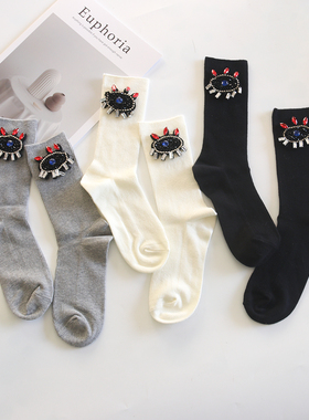 黑白色袜女款春秋季水钻眼睛中筒袜韩系秋季带装饰潮灰色堆堆长袜