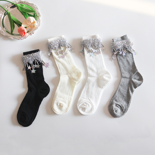 网眼走秀表演堆堆袜 棉袜五角星亮片中筒白色流苏抗菌女款 夏季 薄款