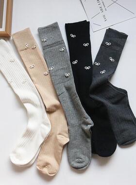 秋冬款女秋冬小腿袜女蝴蝶结珍珠长筒袜日系灰色堆堆高筒长袜