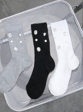 薄款袜中筒袜女浅灰色轻薄透气小腿袜子夏天带水钻白色堆堆袜长袜