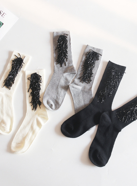 灰色袜子女春秋季潮纯棉流苏圆形亮片中筒袜个性装饰女士长袜女