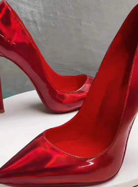 2025欧美新款尖头浅口细跟10CM高跟电光红红色大底时尚T台女单鞋