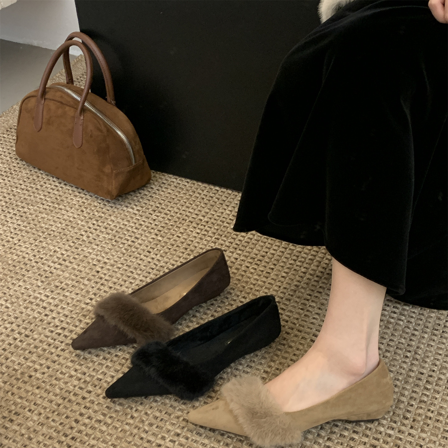 秋冬百搭温柔晚晚鞋配裙子毛毛鞋