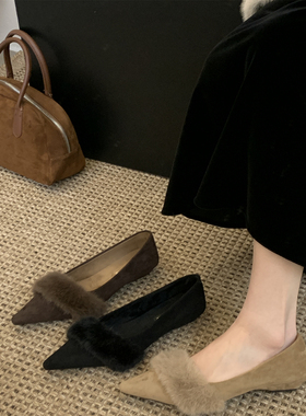 粗跟黑色尖头单鞋女鞋子2025新款秋冬百搭温柔晚晚鞋配裙子毛毛鞋