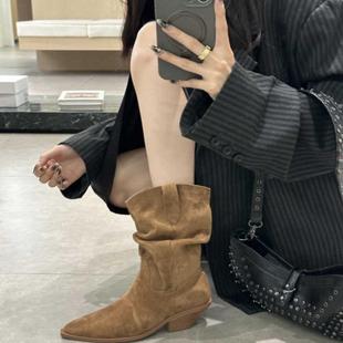 2024秋冬新款绒面尖头粗跟中跟短靴中筒靴高跟堆堆靴西部牛仔靴