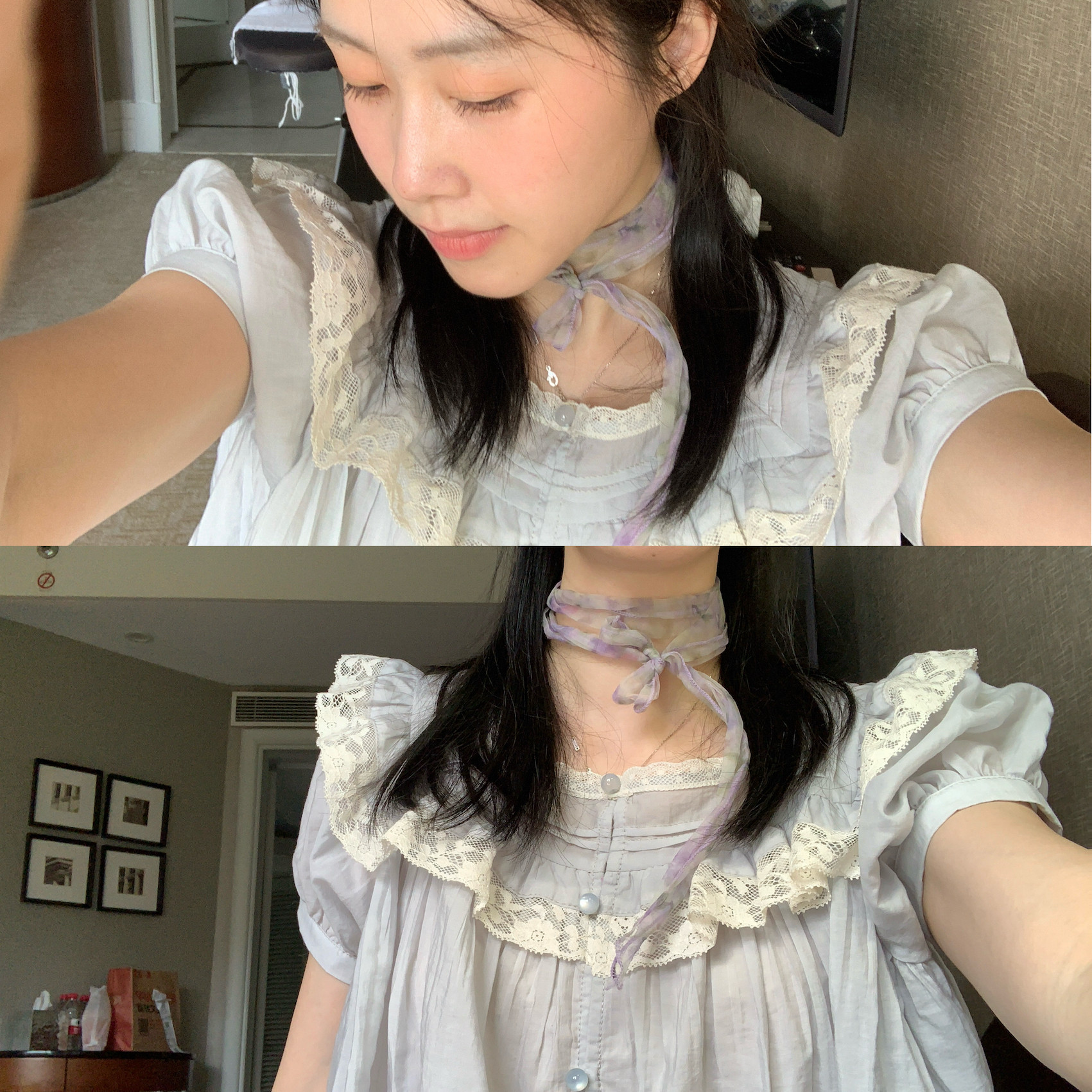 岛知道《晴空》夏日清凉韩系少女感花边法蕾浅浅蓝打褶上衣 - 实物图