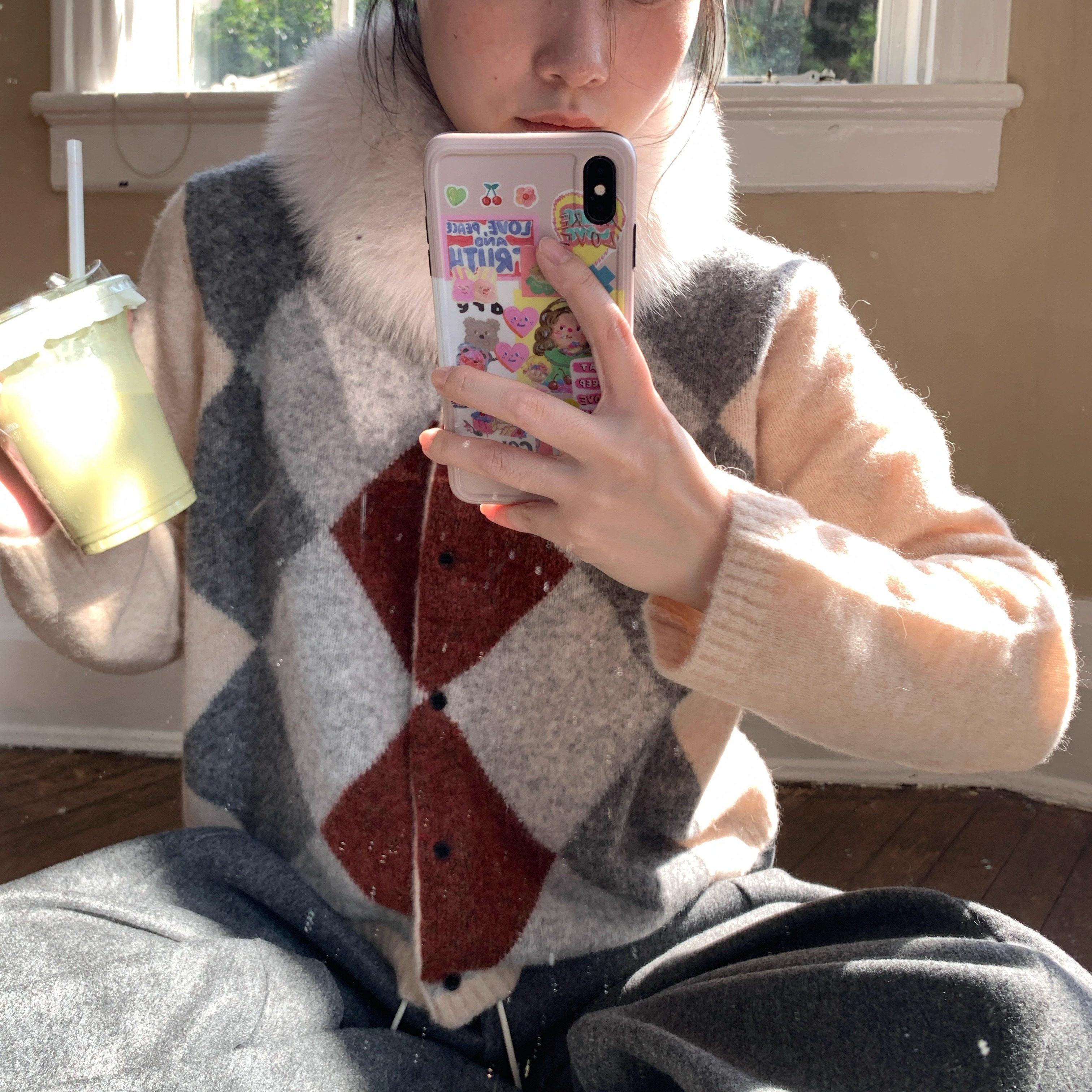 岛知道韩系格菱纹经典粉灰配色学院风开衫羊驼毛毛衣,女装/女士精品,毛针织衫,淘宝优惠券,粉丝福利购,淘宝优惠卷