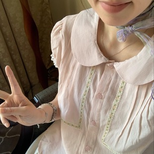 岛知道夏日《奶油小粉》清新配色小花花粉色娃娃领可爱韩系衬衫