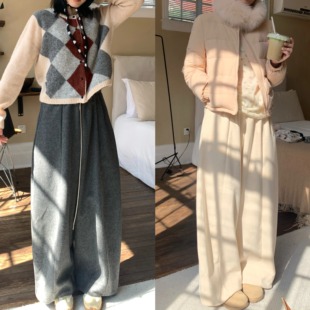 岛知道《糯米团》秋冬厚厚羊毛休闲两色显瘦质感弯软糯微阔弯刀裤