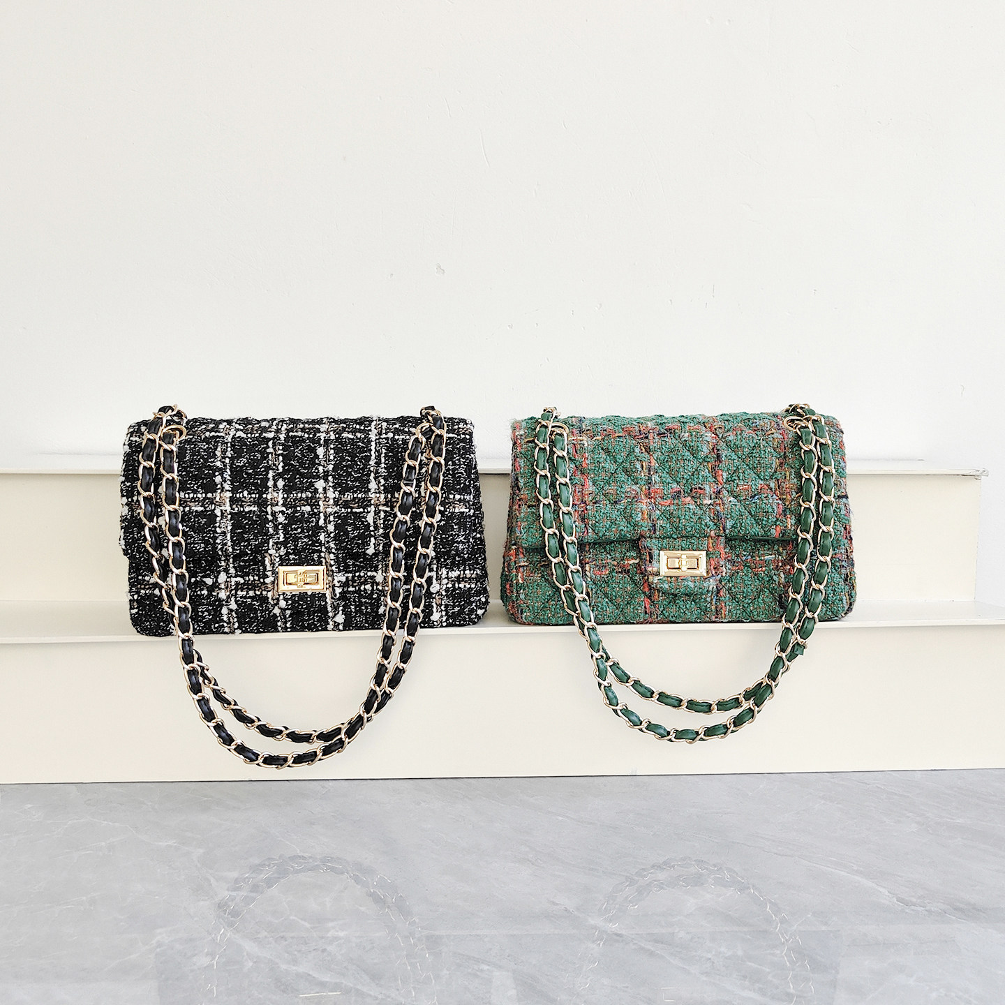 粗花毛呢拼接羊皮cf链条小方包