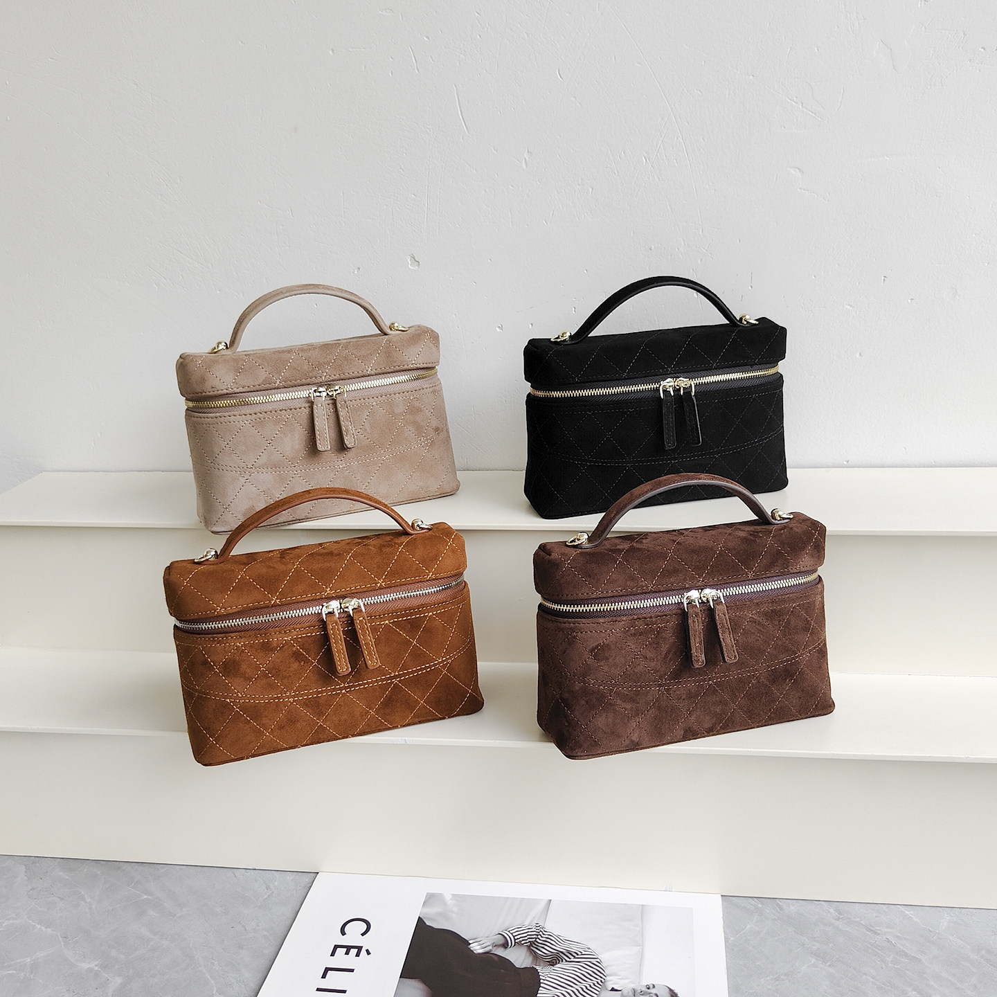 小香风羊猄绒麂皮饭盒包女迷你真皮菱格链条小包包百搭化妆盒子包