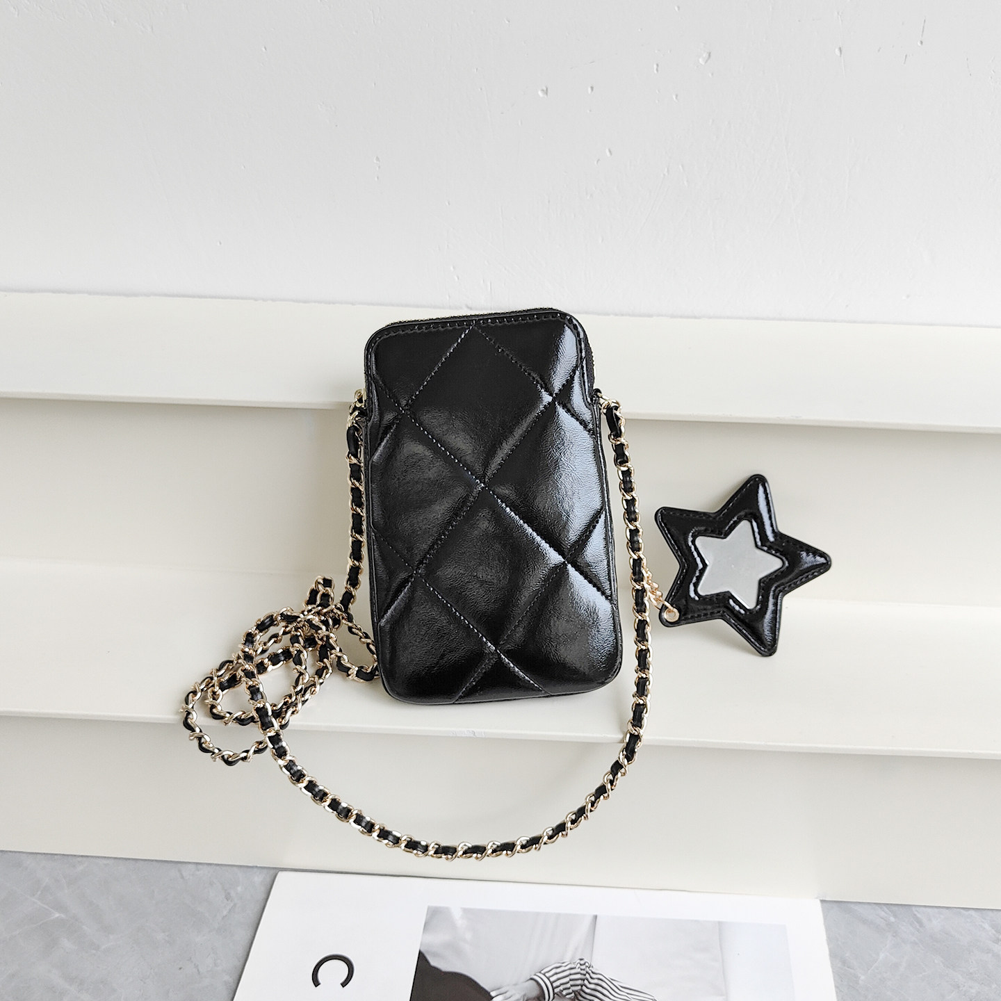 小香风头层油蜡牛皮手机包女迷你星星菱格链条包真皮斜挎小包包夏