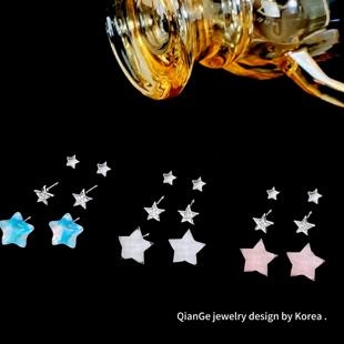 卡娜米娜 精致小巧镶钻水晶五角星一卡三对耳钉女 银针小清新耳环
