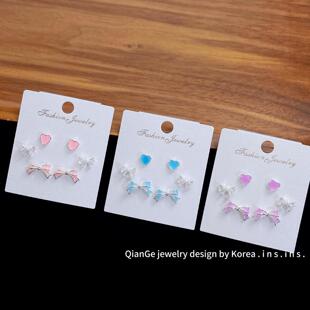 甜美滴釉蝴蝶结爱心一卡三对耳钉女 森系炫彩小清新耳环