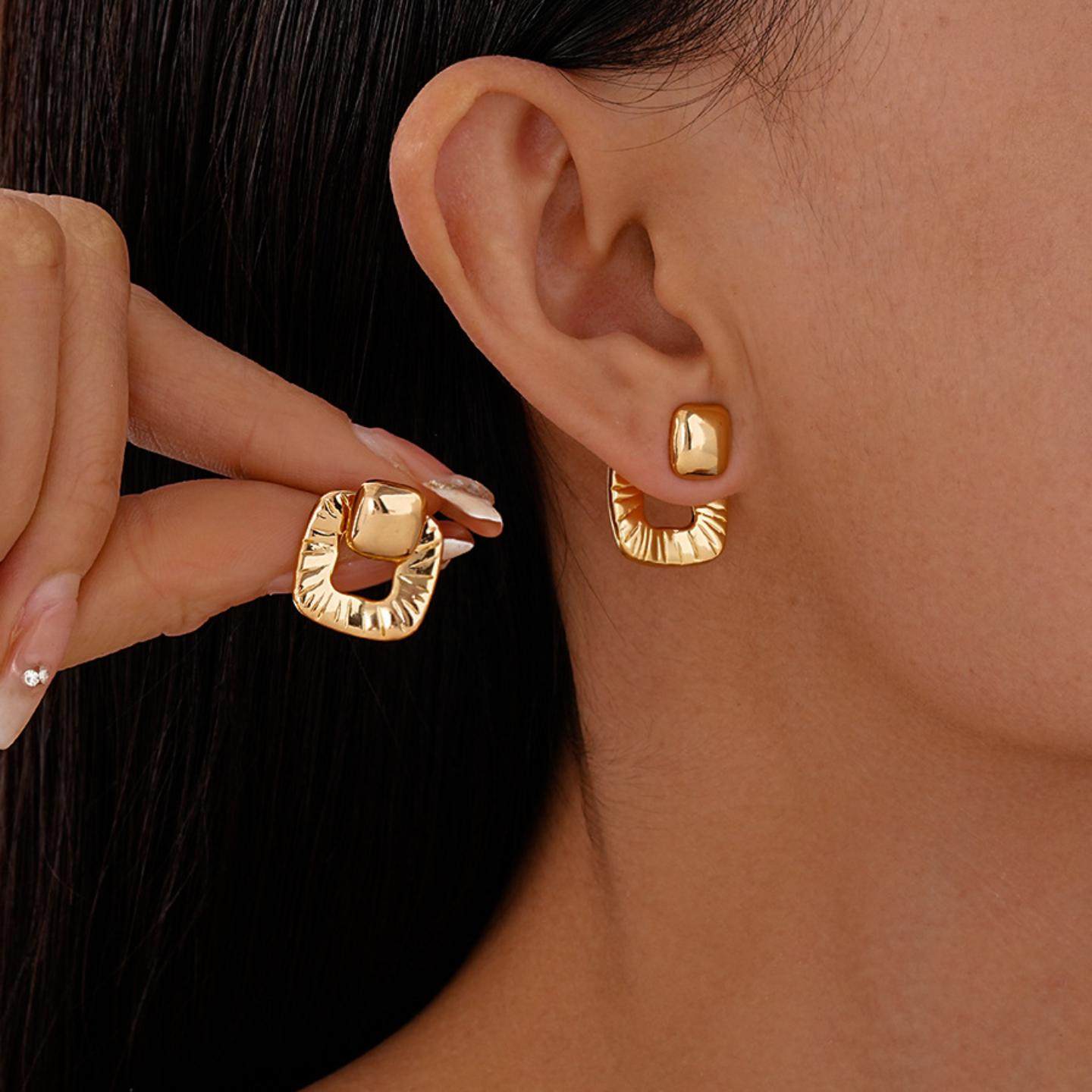 欧美跨境银针后挂式镂空方形耳钉时尚简约百搭耳环轻奢高级感耳饰