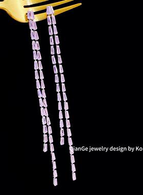 YGN 时尚轻奢粉色锆石超长款流苏耳环女s925银针气质优雅晚宴耳饰