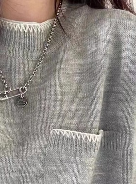 新款欧美潮牌大别针短款项链潮流男士钛钢简约小众回形针卫衣配饰