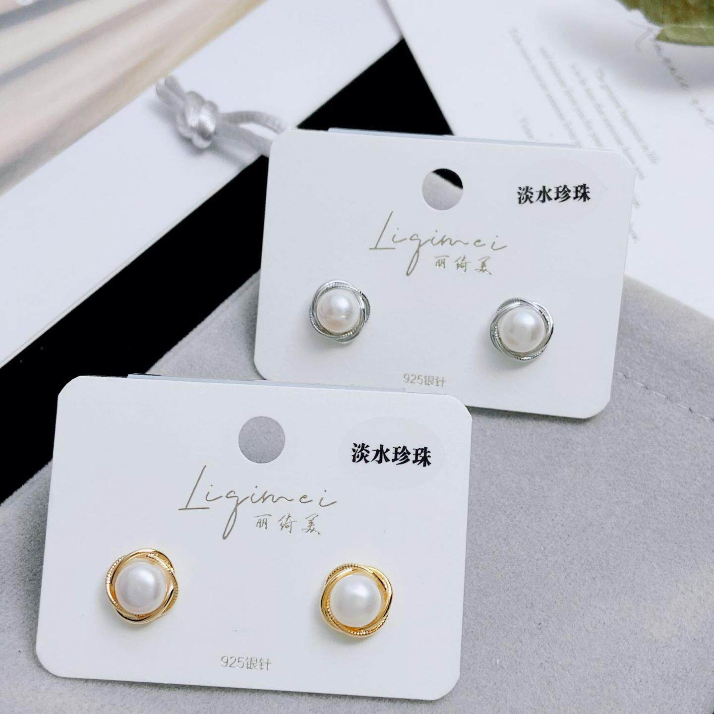 丽绮美 气质简约天然淡水珍珠耳钉 s925银针时尚百搭K金缠绕耳环