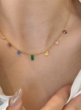 幻彩少女心蓝钻彩虹水滴锆石七色项链 ins时尚钛钢镀金锁骨链