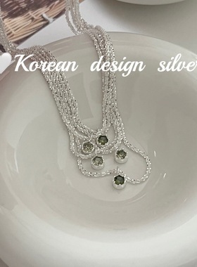韩国东大门亮银饰品S925纯银波光粼粼绿色锆石项链小众百搭锁骨链