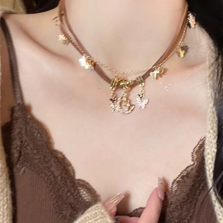 高级轻奢小众金色月亮蝴蝶双层流苏项链女美拉德气质甜酷辣妹百搭