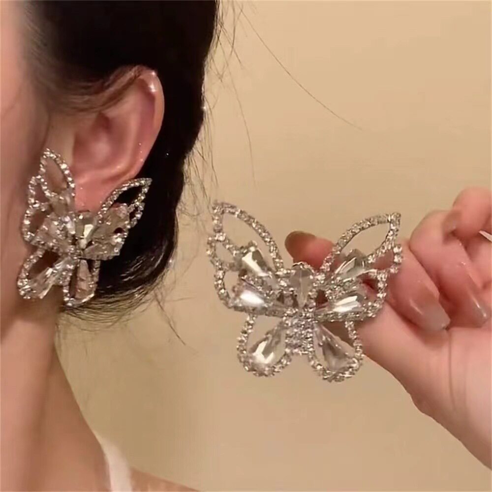 欧美新款小众冷淡风立体蝴蝶耳环高级感镂空水钻锆石项链套装颈链