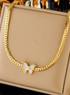 韩版刀片链贝壳蝴蝶锁骨链防水防汗女生手链短款耳环金色套装项链