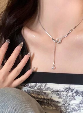 抽拉式双环扣项链女简约冷淡风锁骨链小众设计感珍珠吊坠颈链项饰