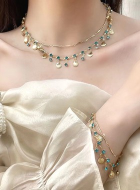 新款欧美风叠搭项链贝壳锆石流苏手链做旧宫廷风礼服颈链锁骨链