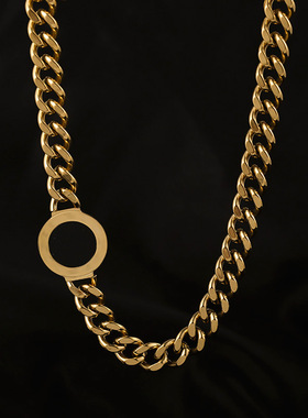 欧美夸张黑色圆牌粗链条钛钢项链网红同款个性锁骨链时尚毛衣链女