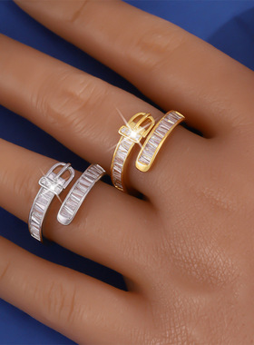 韩版时尚新款皮带扣设计超闪开口戒指女日常百搭通勤可调节指环