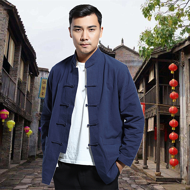 唐装男士长袖棉麻老粗布春秋外套中式中老年复古风中国风中医服装
